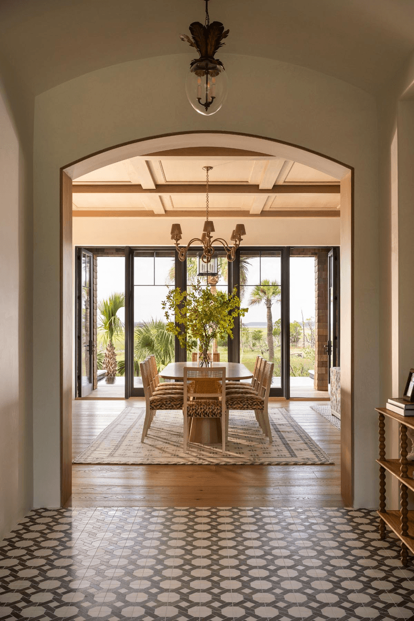 Custom dining room with wood ceiling detail and natural light